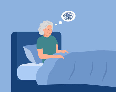 Elderly woman in bed at night, unable to sleep in flat design. Senior insomnia.