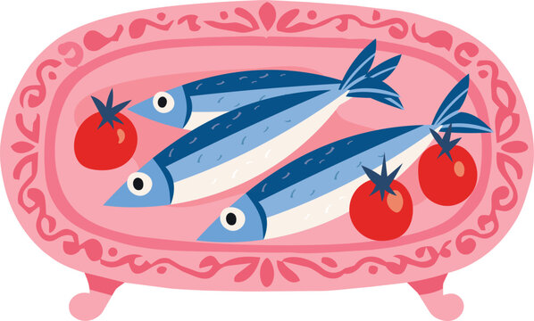Sardines with Tomatoes on Pink Platter Vector Illustration