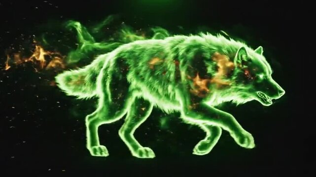 Glowing Green Spectral Wolf Spirit Running In Dark With Magical Fire Particles