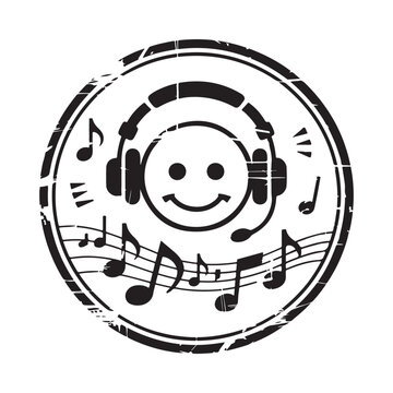 Musical emblem with headphones and notes black silhouette on white background