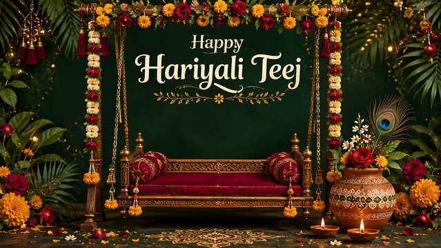 Happy hariyali teej and kajari teej floral swing decoration with marigolds roses lamps peacock feather and elegant traditional festive garden backdrop celebration