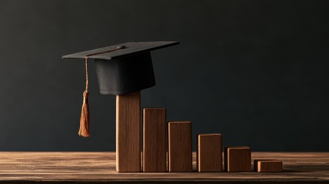Graduation cap on ascending wooden bar graph symbolizing academic achievement growth career progress and educational success with dark background