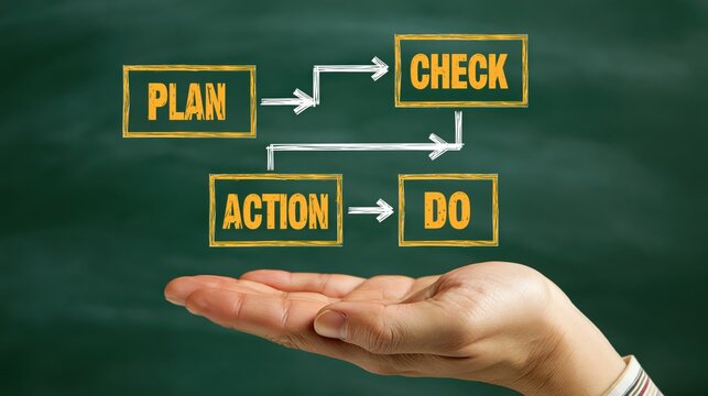 A hand holding a flowchart on a chalkboard with plan, check, action, and do.