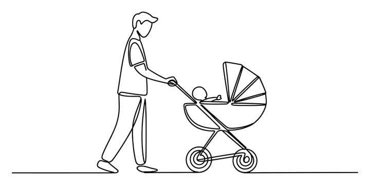 Continuous line drawing of a young father pushing a baby in a stroller