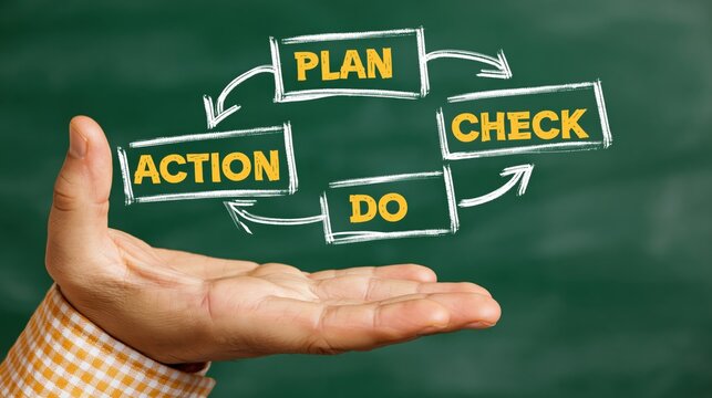 A hand holding a flowchart illustrating the plan-do-check-action cycle on a chalkboard