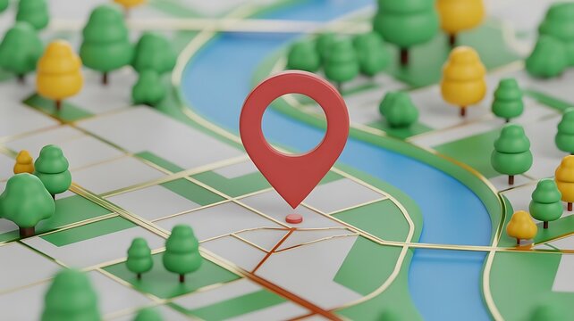 3d render of a red location pin marker placed on a stylized miniature city map with winding blue river and green trees on a light gray background