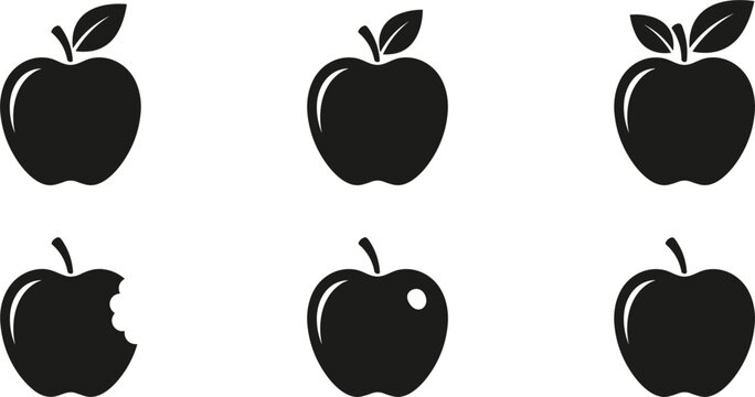 Black apple vector silhouette icon set featuring whole and bitten fruit shapes isolated on white background