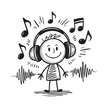 Sketch Of Person Wearing Headphones Surrounded By Musical Notes White Background