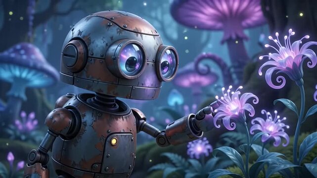 Small, friendly robot exploring a magical, glowing forest with bioluminescent plants and giant mushrooms