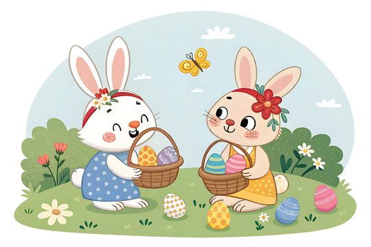Two cute cartoon bunnies holding Easter baskets in a garden