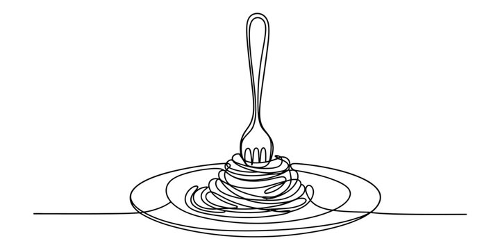 Continuous single line drawing of a fork with a plate of spaghetti pasta noodles