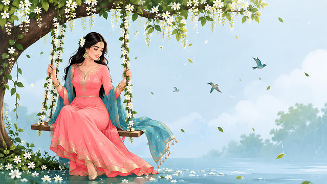 Graceful indian woman relaxing on jasmine decorated swing beside tranquil lake for happy hariyali teej and kajari teej monsoon festival illustration background