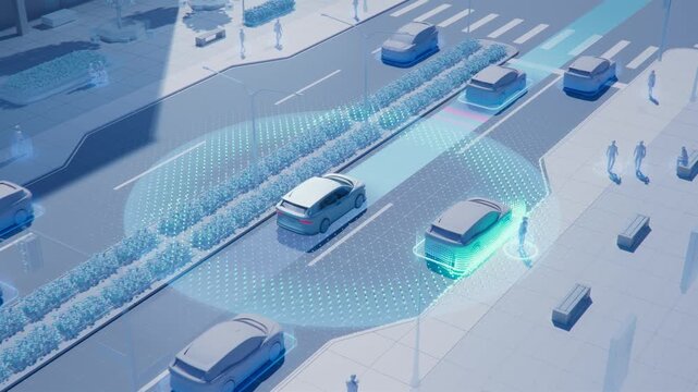 3D Animation Illustrating Sensors and Technology for Autonomous Taxi. Concept: Fully Autonomous AI-Powered Self-Driving Taxi. Driverless Car Driving Through City Streets, Radars and Sensors are Shown