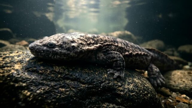 hellbender underwater close up at morning light in appalachian mountain streams usa video