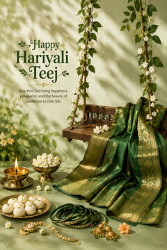 Luxurious green silk sari with jewelry sweets flowers and ceremonial swing for happy hariyali teej and kajari teej traditional festival background design