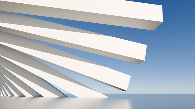 Abstract 3D architectural render with fan-shaped array of white beams against a clear blue sky, modern minimalist background