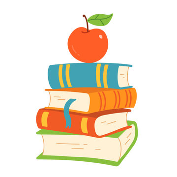 Red apple on a colorful stack of books for education and learning. Vector illustration isolated.