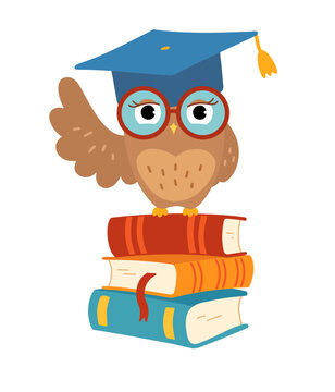 Wise owl in graduation cap and glasses sitting on books. Vector isolated illustration.