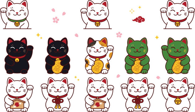 Maneki Neko lucky cat vector illustration set featuring cute Japanese fortune welcoming cats in multi colors holding gold coins and ema wooden plaques isolated on white background.