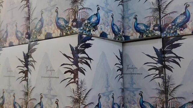 A close-up video featuring decorative wallpaper rolls with elegant peacock and botanical patterns displayed in an interior design store. The detailed textures, vibrant colors, and luxurious floral mot