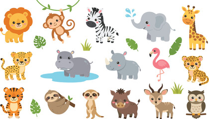 Fototapeta premium Cute Wild Animals Collection Featuring Lion, Monkey, Elephant, Giraffe, Tiger, Zebra, and Jungle Characters Flat Vector Illustration Set