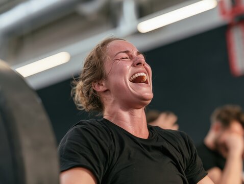 A woman is exerting intense effort, likely lifting weights, showing determination and focus in a gym setting.