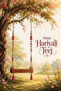 Happy hariyali teej and kajari teej ornate wooden swing hanging beneath flowering tree in sunlit meadow with festive typography and garden scenery