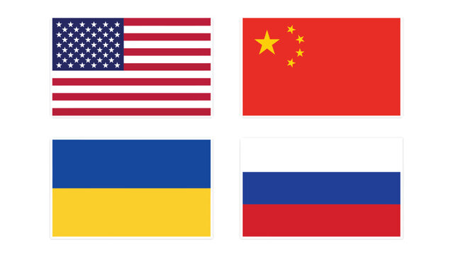 アメリカ、中国、ウクライナ、ロシアなどの国旗のコレクション