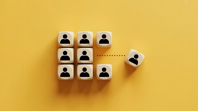 A grid of wooden cubes with person on a yellow background, with one cube moving away, representing employee turnover or team restructuring
