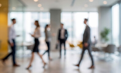 Fototapeta premium A group of professionals are seen walking in a modern office environment, creating an atmosphere of collaboration and business activity.