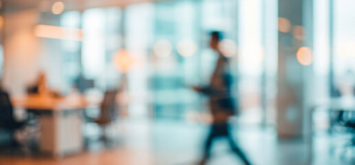 Fototapeta premium A blurred motion shot of a person walking through a modern office space, showcasing an open-plan layout with large windows and natural light.