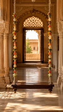 Happy hariyali teej and kajari teej empty wooden swing adorned with orange and white flowers inside elegant heritage palace corridor at sunrise