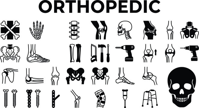 Orthopedic medical icon set featuring human bones joints surgery tools skull crutch and rehabilitation equipment