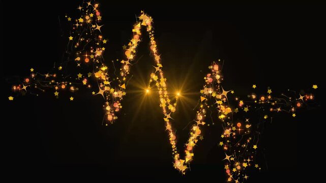 Golden glitter particle swirl with magical light trail, sparkling fairy stars, elegant spiral shimmer effect and seamless black screen background for cinematic 4k visual animation