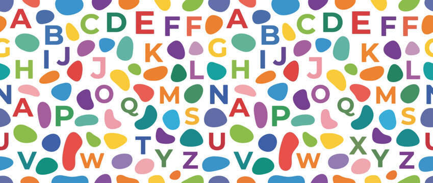 Seamless Pattern of Colorful Alphabet Letters and Abstract Shapes