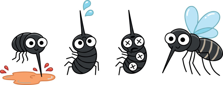 Cute Mosquito Cartoon Character Set with Different Emotions, Flying, Drinking Blood, Sweating, and Dead Bug Concepts for Pest Control Graphics