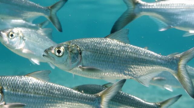 herring fish swimming underwater close up at morning light in north atlantic ocean video