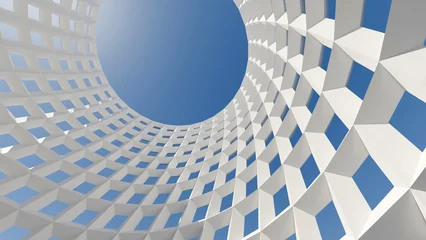Fototapete 3D Abstract 3D architectural render looking up through a white circular geometric grid structure towards a clear blue sky, modern minimalist design  © ilham