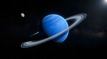 Stunning digital illustration of a glowing blue gas giant planet with rings orbiting in deep outer space © salmagd988