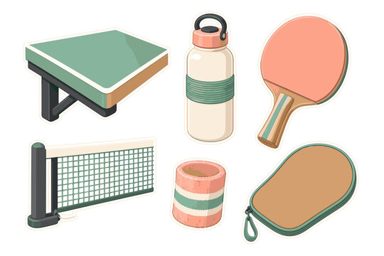 Table tennis equipment sticker set with paddle, net and bottle