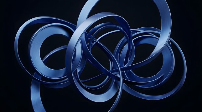 Abstract background featuring interconnected glowing blue metallic rings forming a complex geometric structure on black