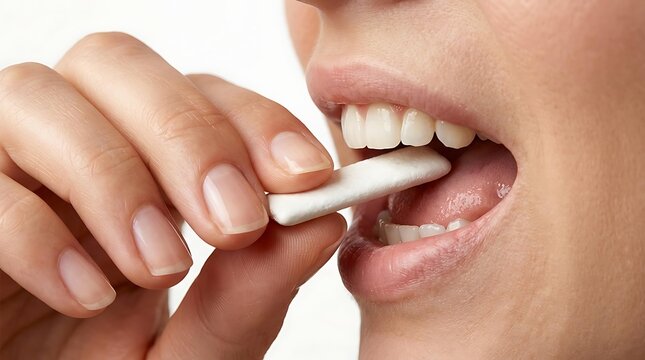 Close up of a woman putting chewing gum in her mouth, dental health concept using chewing gum for fresh breath, hand holding a white chewing gum strip on isolated background.