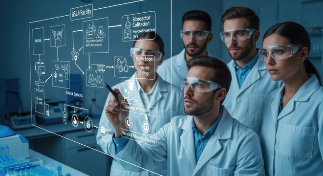 A team briefing next to a BSL4 facility diagram highlighting safety protocols and vaccine manufacturing workflow steps.