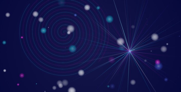 Intersecting light rays and a central spiral on a dark blue background, with scattered bokeh, suggesting a nexus, of energy, data, or scientific discovery, decorative, resolution