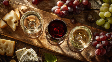 Obraz premium Wine Tasting with Cheese and Grapes on Wooden Board