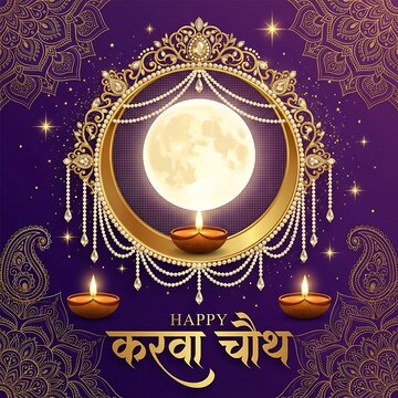 Happy karwa chauth celebration greeting card with moon and traditional oil lamps
