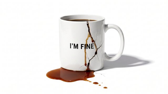 Cracked white coffee mug with I'M FINE text and spilling coffee