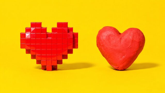Pixel heart and clay heart on yellow background