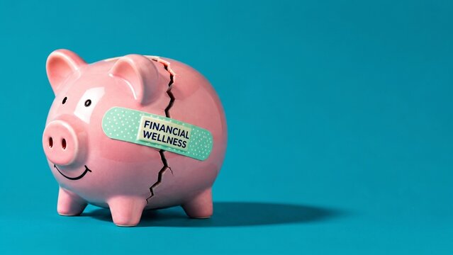 Cracked piggy bank fixed with a medical plaster labeled FINANCIAL WELLNESS