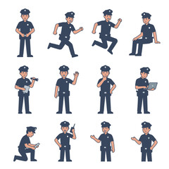 Obraz premium Police officer character illustrations in various active poses.